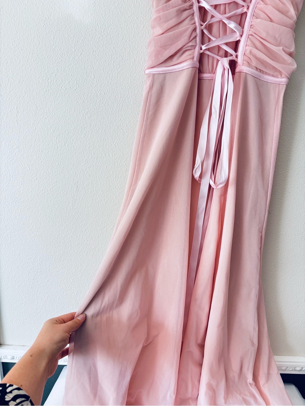 Tadashi Shoji Vintage Blush Pink Balletcore Lace-Up Mesh Maxi Dress Size 8 - Picture 7 of 11